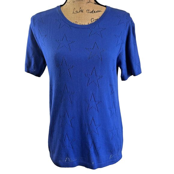 P.A.R.O.S.H. Women's Blue Star Short Sleeve Knit Cotton Sweater Sz L Italy - Picture 1 of 10